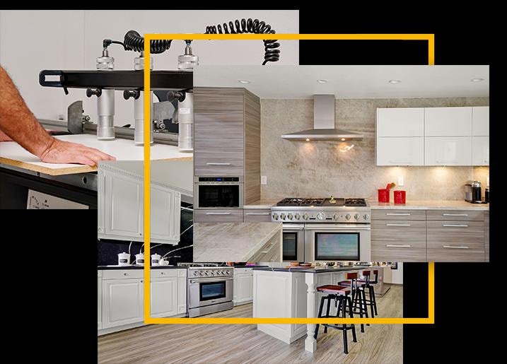 Kitchen renovation collage showing cabinetry craftsmanship, modern appliances and finished remodels
